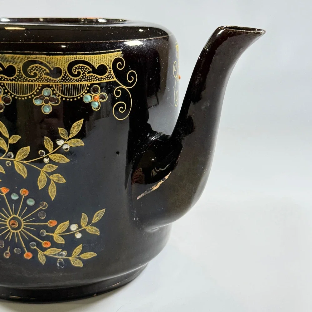 VTG Lingard Webster &‎ Co Teapot Tunstall England Black Gold Floral Chinoiserie